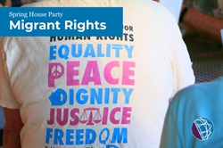 [ai] A close-up of a personâ€™s back wearing a white shirt that displays text promoting human rights. The shirt includes words like 'Equality', 'Peace', 'Dignity', 'Justice', and 'Freedom' in various colors. In the top left corner, there is a blue banner that reads 'Spring House Party' and 'Migrant Rights'.